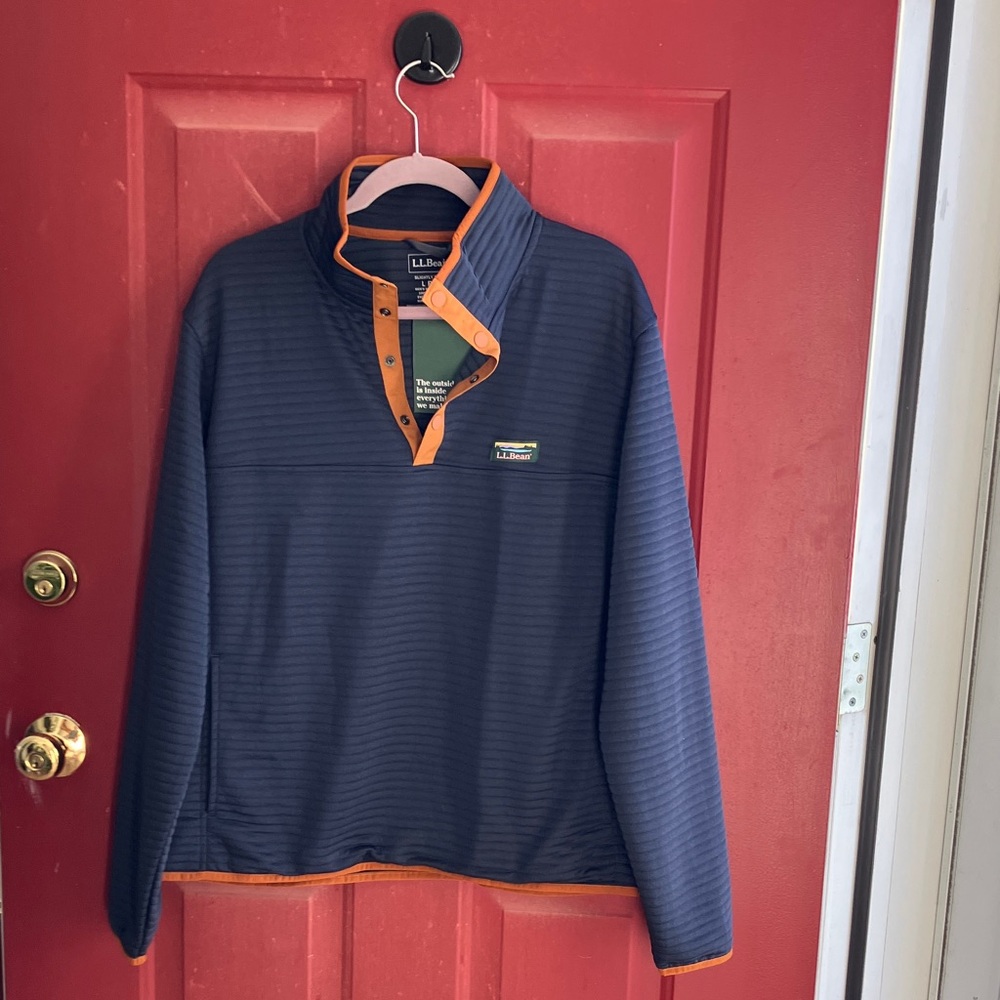 LL Bean WXL ML UPF 50+ AirLite Knit Pullover With Kangaroo Pocket Navy & Orange